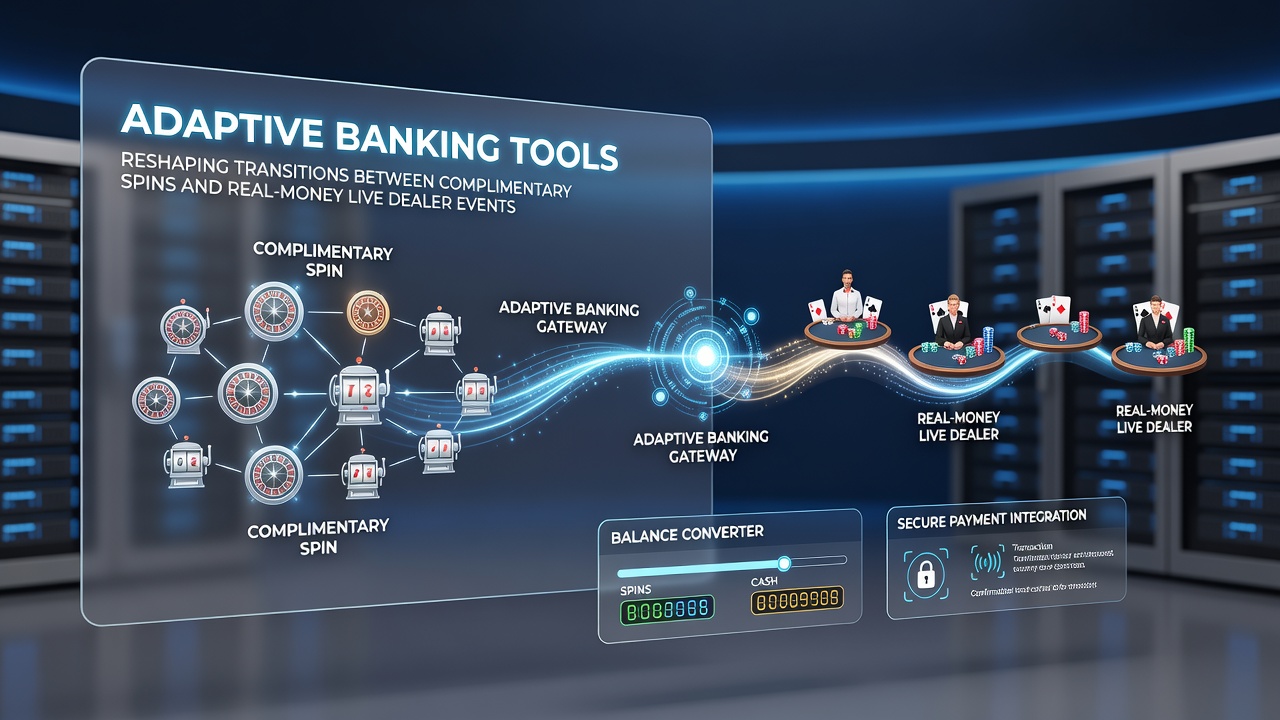 Visual representation of adaptive banking tools connecting complimentary spins with live dealer gaming sessions on mobile devices