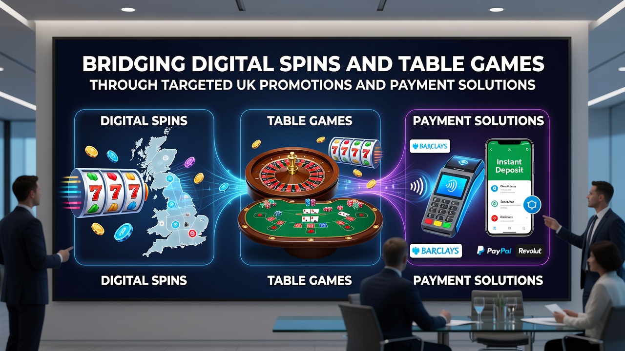 Visual representation of digital slot spins transitioning into live table game interfaces on mobile devices with promotional overlays