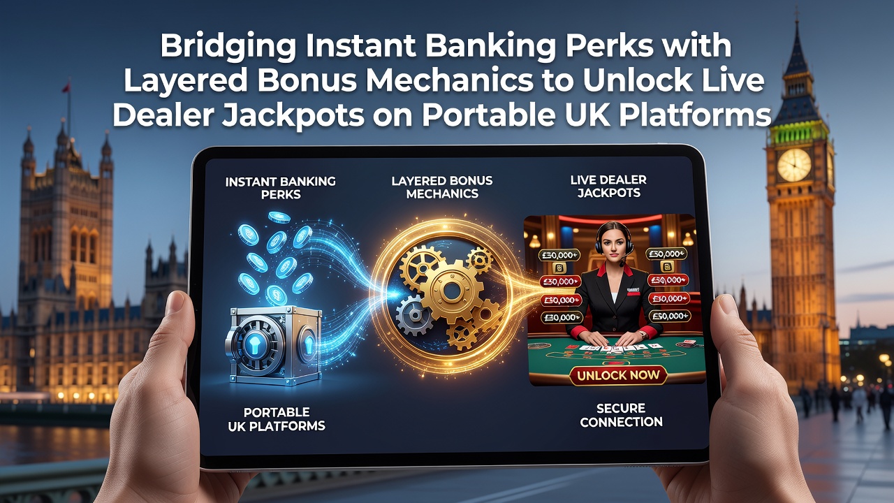 Mobile UK gaming interface showing instant banking and layered bonus features leading to live dealer jackpot screens