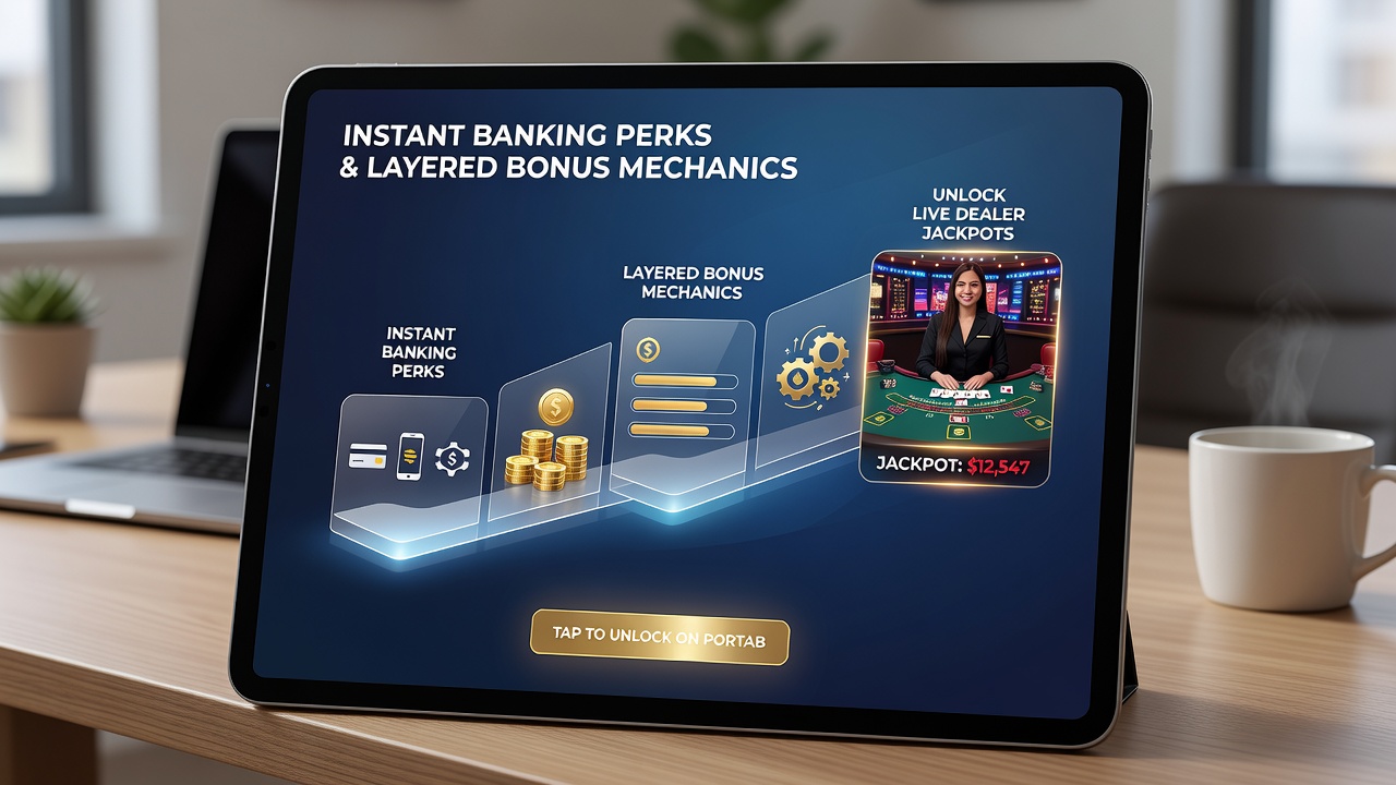 Close-up of a portable device screen displaying layered bonus progress and live dealer jackpot activation