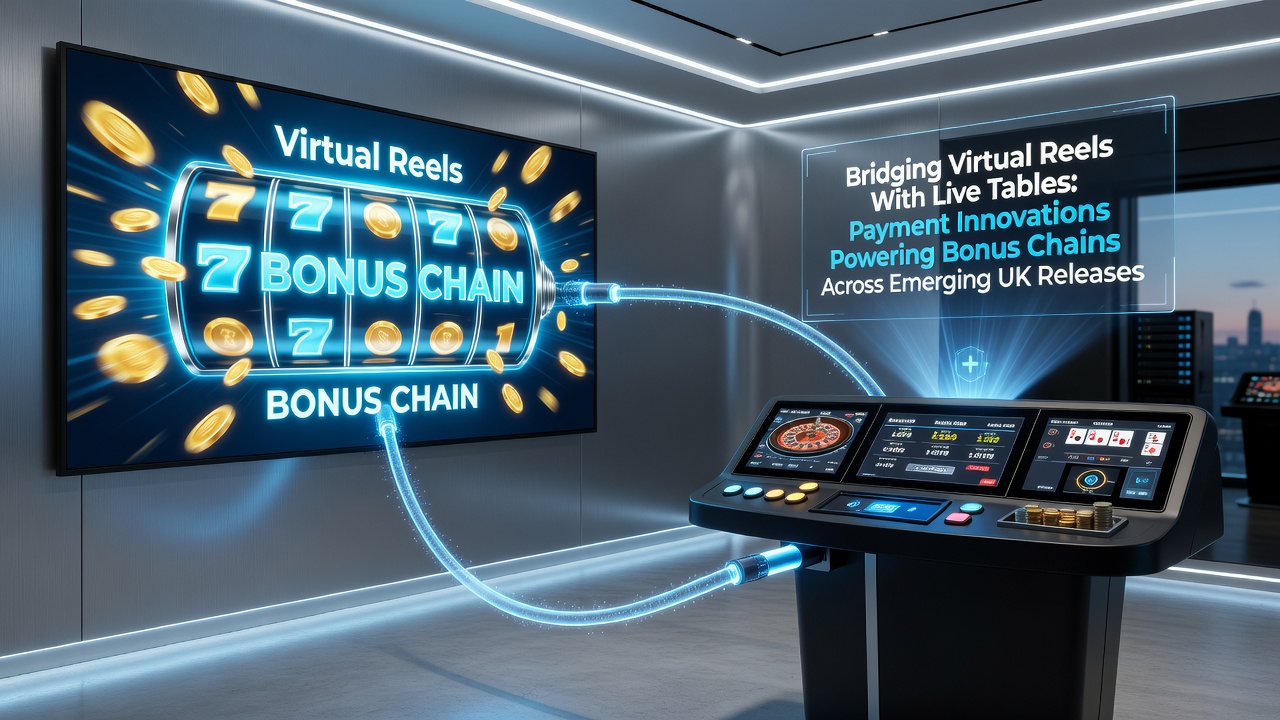 Digital illustration showing virtual slot reels seamlessly connecting to live dealer tables through payment innovation pathways