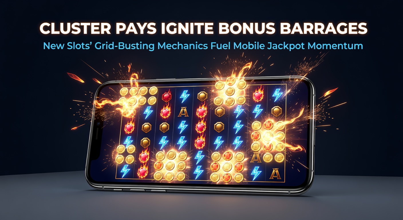 Vibrant cluster pays slot grid showing exploding symbols and cascading bonuses on a mobile screen