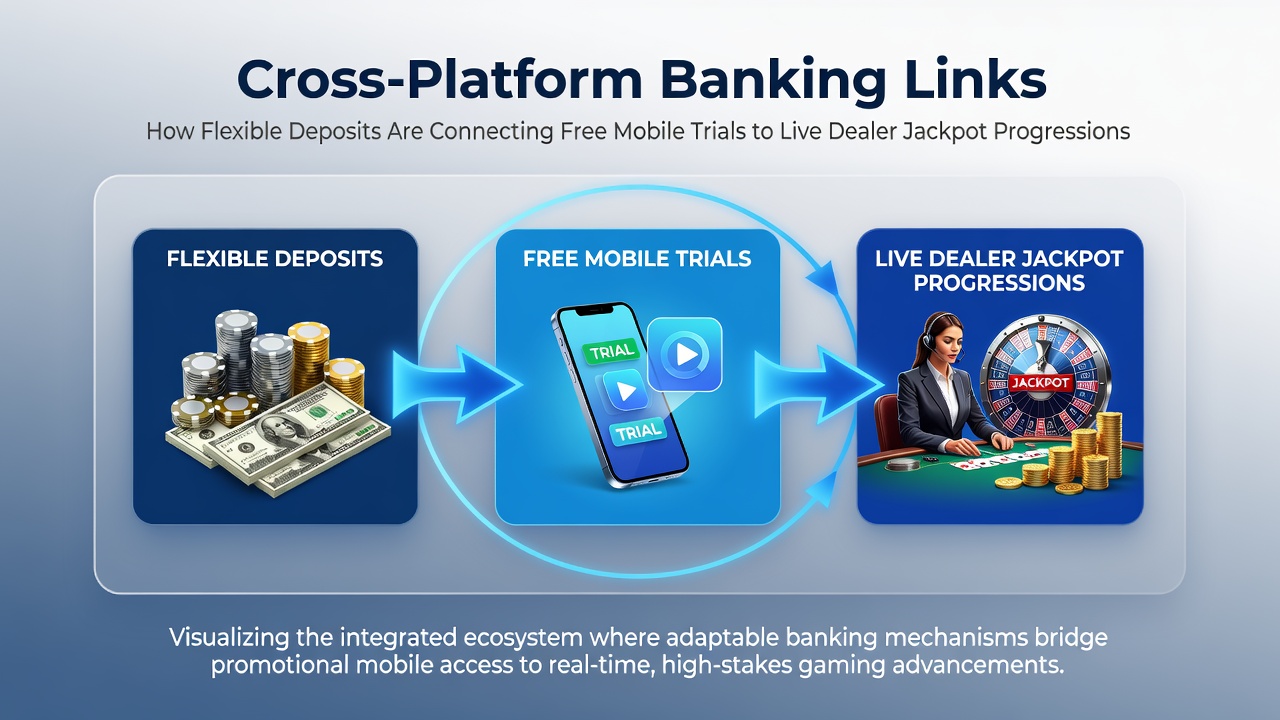 Cross-platform banking interface showing seamless transitions between mobile trial modes and live dealer jackpot systems