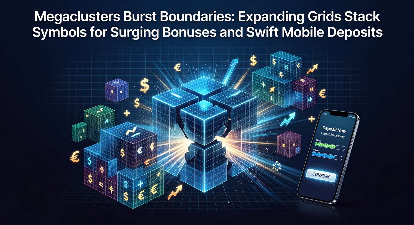 Vibrant slot screen showing a megacluster grid expanding with colorful symbols bursting into multiples, highlighting stacked wins and bonus triggers