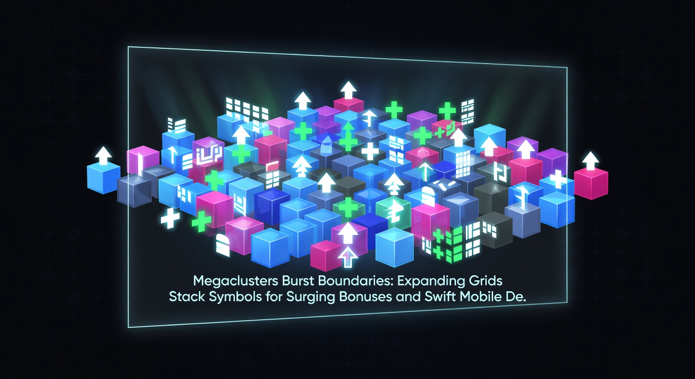 Close-up of a mobile slot interface with megacluster expansion in progress, symbols stacking amid bonus meters and a deposit prompt overlay for quick top-ups