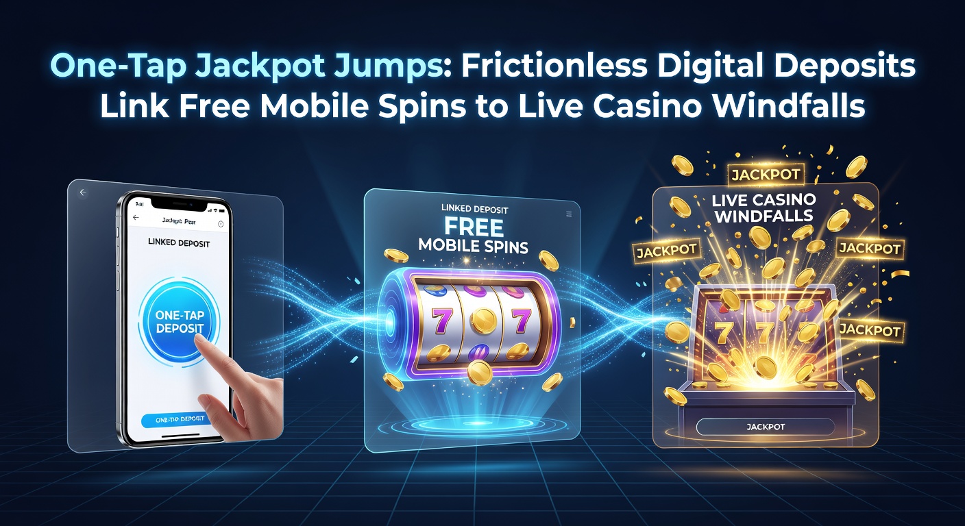 Dynamic graphic showing a mobile phone screen with one-tap deposit button exploding into slot reels and live dealer tables cascading toward jackpot symbols
