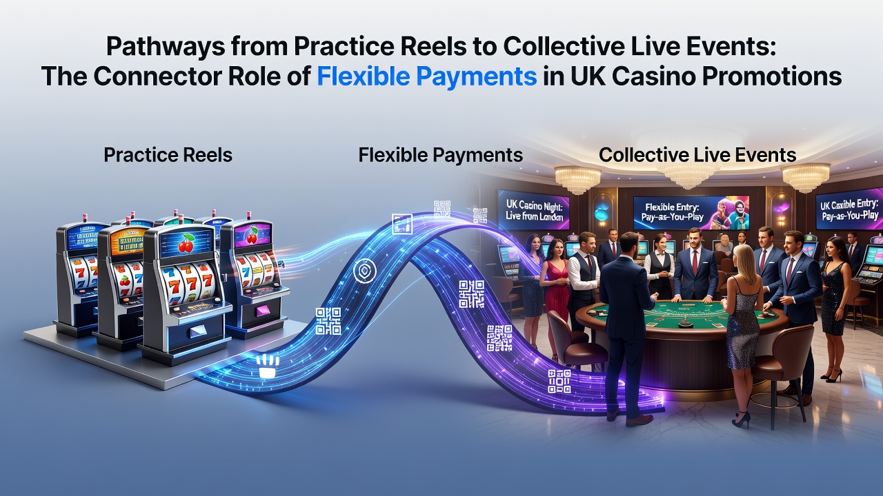 Illustration showing the transition from demo slot reels through flexible payment options to live casino events in UK promotions
