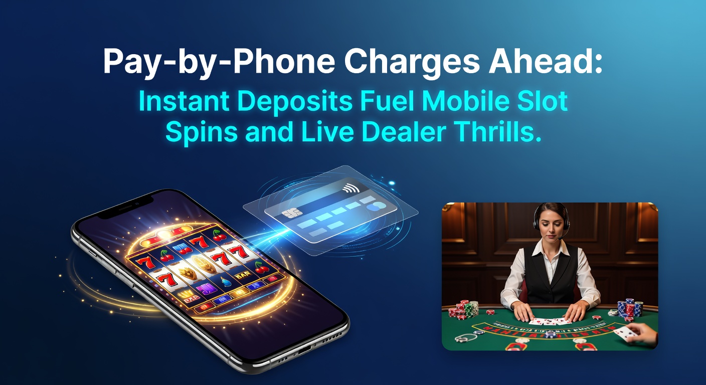 Mobile phone displaying a vibrant slot game interface with instant deposit notification and live dealer table in the background, highlighting seamless pay-by-phone integration