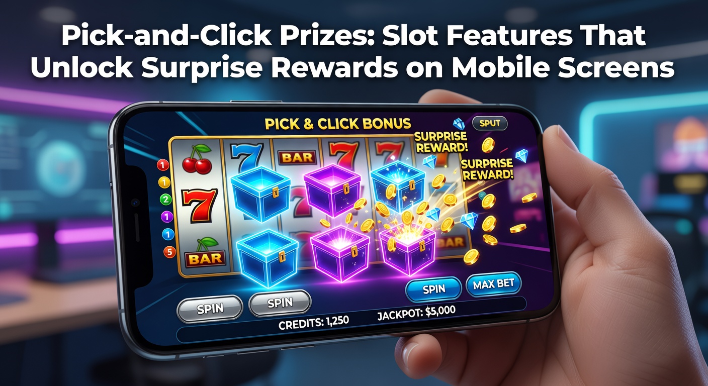 Vibrant mobile slot screen showing a pick-and-click bonus round with glowing treasure chests and prize multipliers ready for player selection