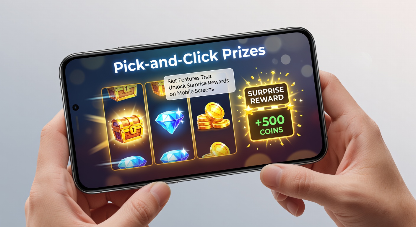 Close-up of a mobile slot bonus feature with animated pick-and-click elements, including sparkling gems, coin stacks, and multiplier badges popping up on a dark-themed grid