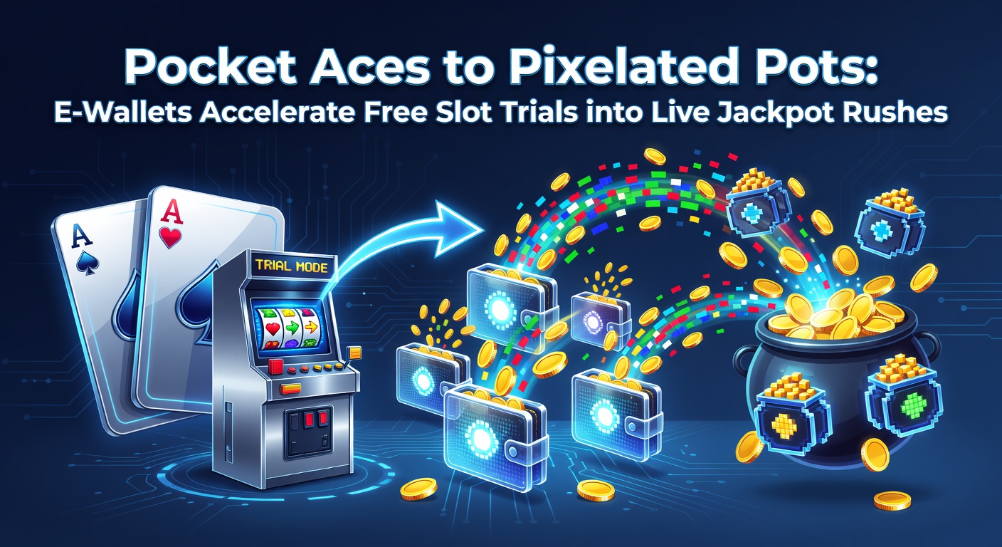 Illustration of a smartphone screen showing a slot game transition from free demo mode to a jackpot win with e-wallet icons overlayed