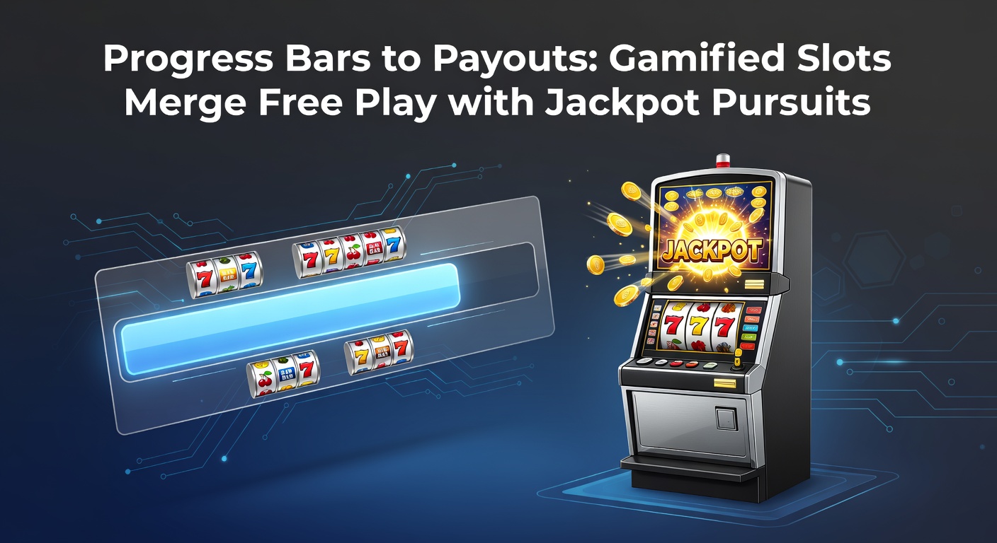 Vibrant slot machine screen showing a glowing progress bar filling up toward a jackpot payout, with free spin icons and coin animations bursting across the reels