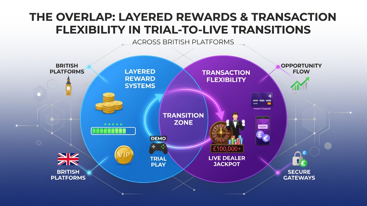 Layered reward systems and payment options displayed on a British online casino interface showing trial to live transition