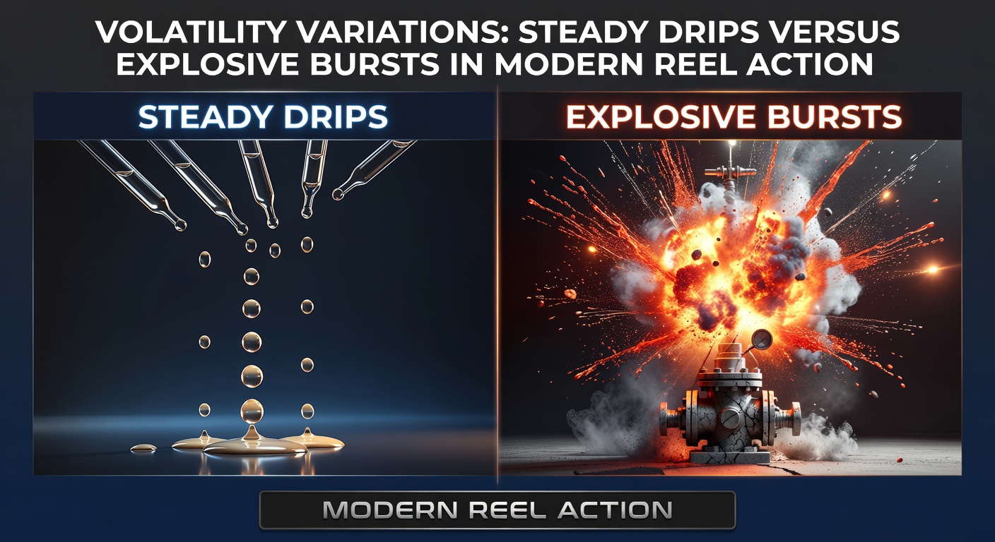 Animated slot reels showing low-volatility steady wins transitioning to high-volatility explosive jackpots, with cascading symbols and bursting multipliers