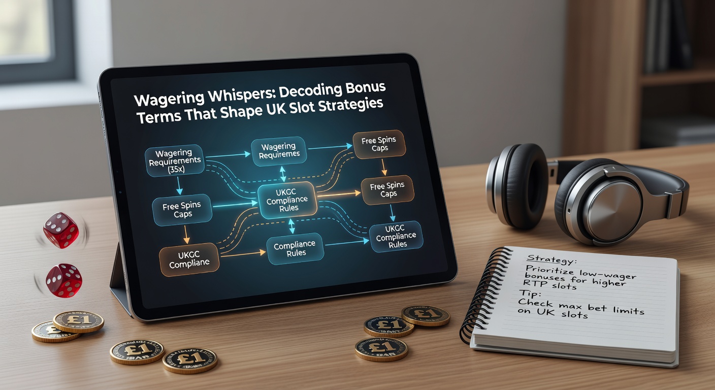 Close-up of slot machine screen displaying bonus terms and wagering requirements in fine print, with glowing reels in the background